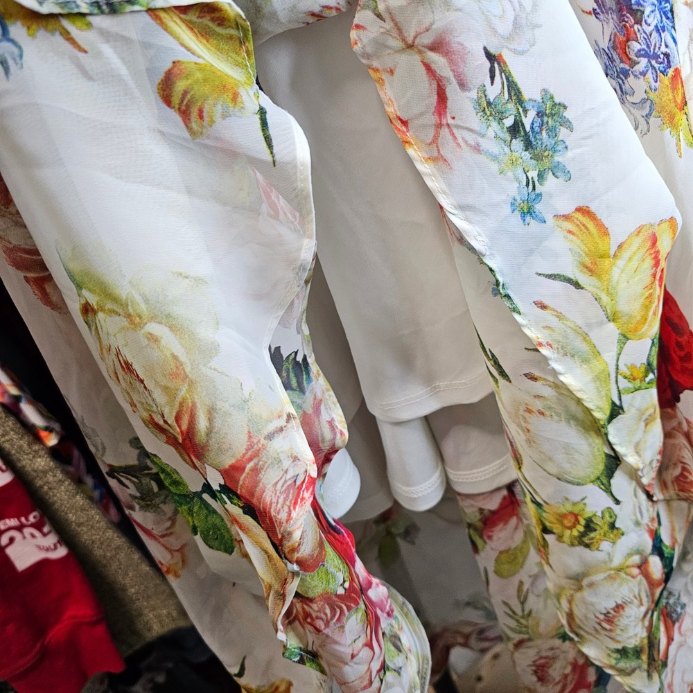 Sandra Darren Floral Faux Wrap High Low Dress White Multi Size 12 Flutter Sleeve - Picture 5 of 7